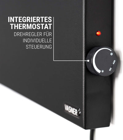 VASNER Konvi Schwarz - Hybrid Elektroheizung mit Thermostat, 600-1200 Watt, Infrarotheizung + Konvek