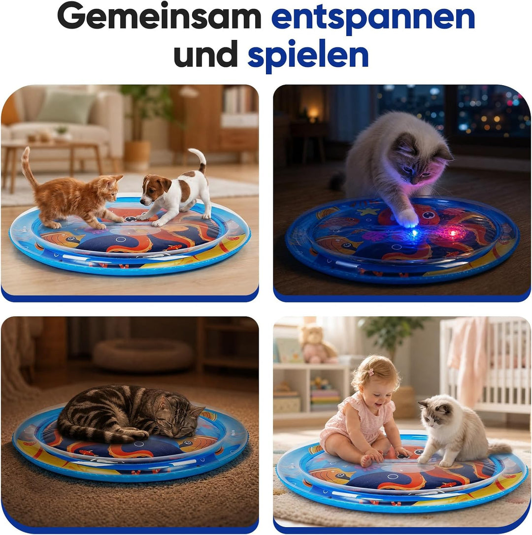 Supet Sensorische Wassermatte Katze mit schwimmenden Fischen und 2 Spielbällen, Verdickte Kühlmatte