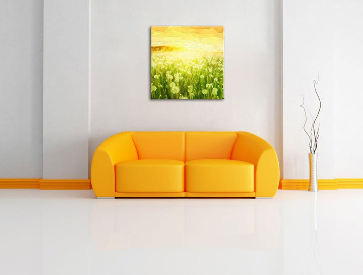 Pixxprint Pusteblumenwiese bei Sonnenuntergang Pinsel Effekt, Format: 70x70 auf Leinwand, 70x70