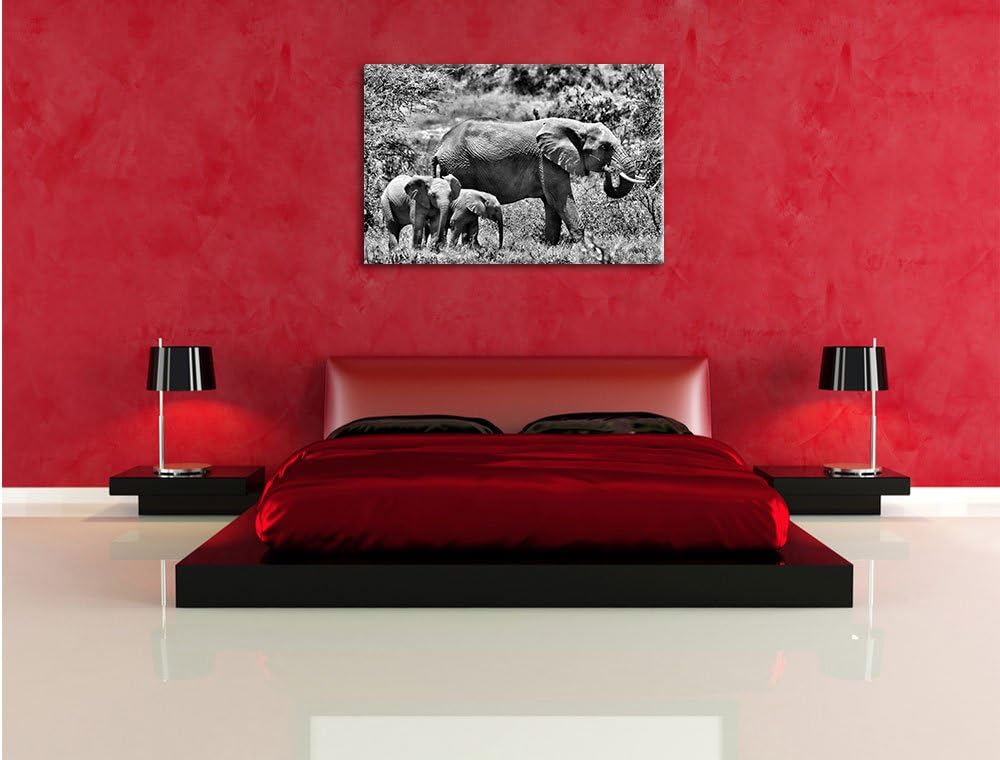 Pixxprint Monocrome, friedliche Elefantenfamilie, Format: 100x70 auf Leinwand, 100x70