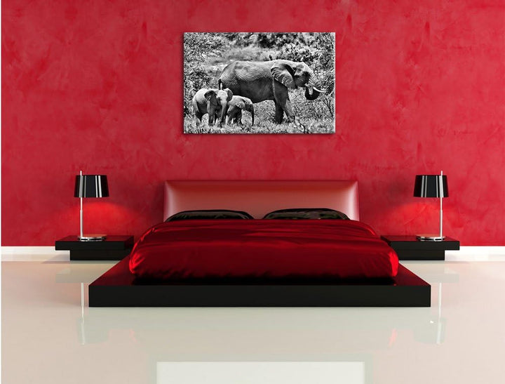 Pixxprint Monocrome, friedliche Elefantenfamilie, Format: 100x70 auf Leinwand, 100x70