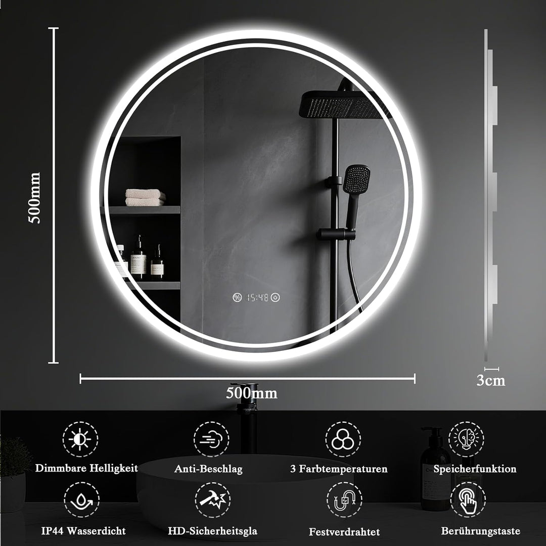 Badspiegel mit Beleuchtung - Badezimmer-Spiegel-LED mit Beschlagfrei, Touch-Schalter, Dimmbar, 3 Lic