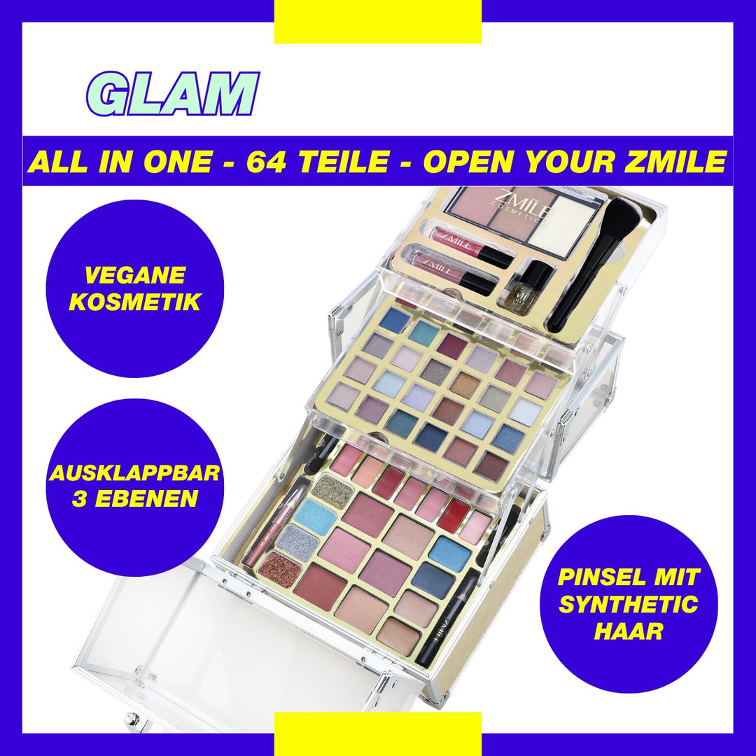 ZMILE COSMETICS Glam transparenter Kosmetikkoffer vegane Kosmetik mit Schminke - Make Up Set für unt
