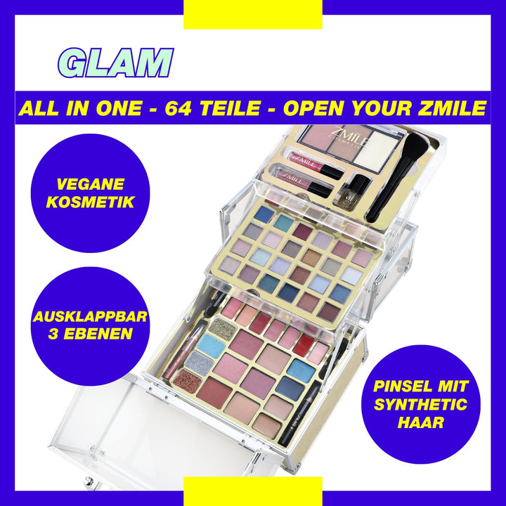 ZMILE COSMETICS Glam transparenter Kosmetikkoffer vegane Kosmetik mit Schminke - Make Up Set für unt