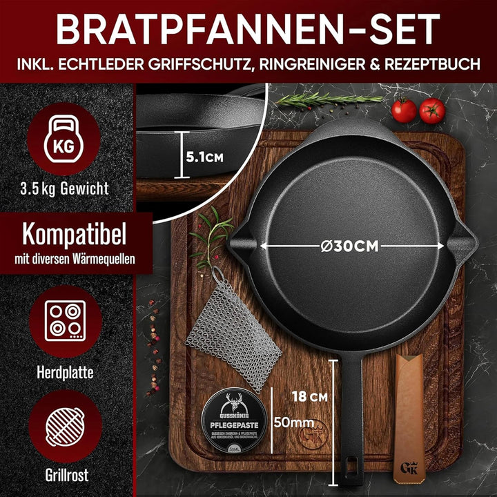 Gusseisenpfanne 30cm–Eingebrannte Pfanne Gusseisen Induktion–Gusspfanne, Steakpfanne, Cast Iron Pan–
