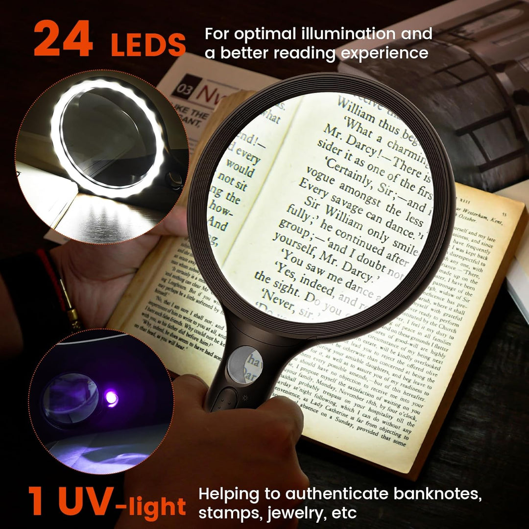 Leselupe mit Licht und 24 LEDs, 10-Fach Vergrösserung Handlupe mit Grosser Linse & UV-Licht, Leichtg