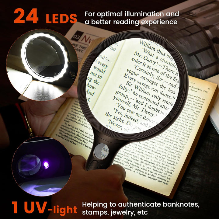 Leselupe mit Licht und 24 LEDs, 10-Fach Vergrösserung Handlupe mit Grosser Linse & UV-Licht, Leichtg