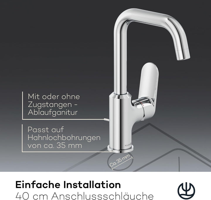 KLUDI-X1 Waschtischarmatur, 360° schwenkbar, Auslaufhöhe 205 mm, wassersparender Wasserhahn Bad Grös