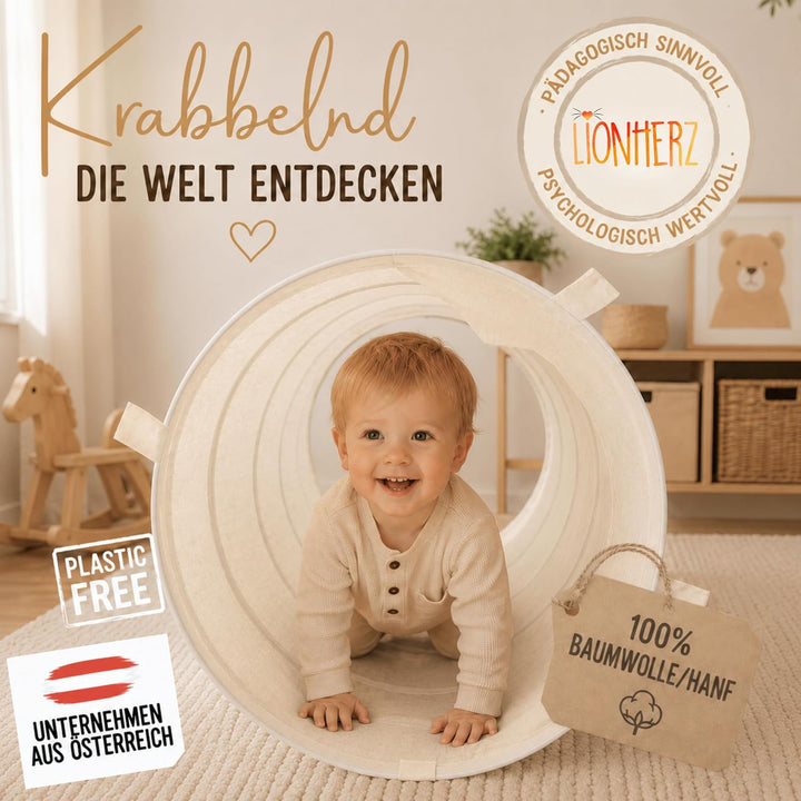 LIONHERZ® Spieltunnel für Kinder aus Baumwolle/Hanf mit Klettverschlüssen [180cm x 46cm] Krabbeltunn