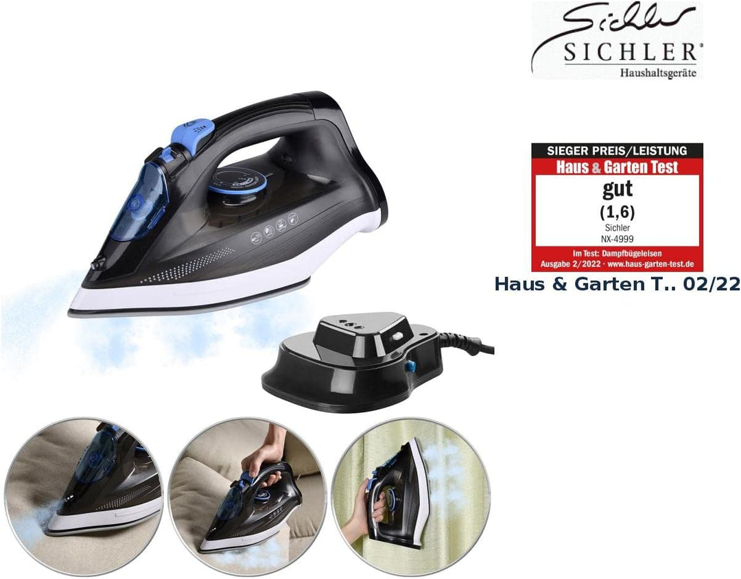 Sichler Haushaltsgeräte Bügeleisen kabellos: Kabelloses 2in1-Dampfbügeleisen mit Basisstation, 2.200