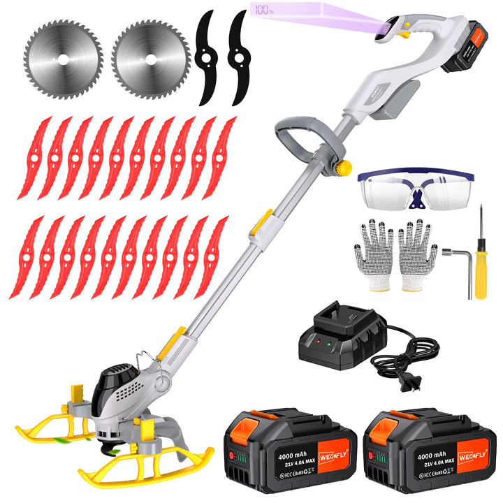 28CM Akku-Rasentrimmer, (2 x 21V 4.0A Akku und schnelles Ladegerät, Hilfsgleitrad, Trimmrad, Teleslo