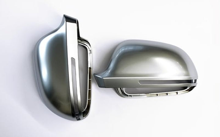 Aluminium Look Design Spiegel Abdeckung Kappe Gehäuse Links+Rechts