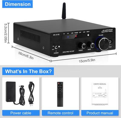 HiFi-Verstärker mit Bluetooth 5.3, AK-3116 Mini Stereo Audioverstärker 2.0-Kanal 100W x 2 Empfänger