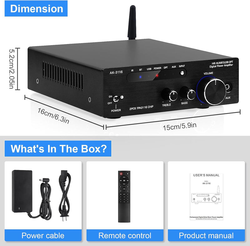 HiFi-Verstärker mit Bluetooth 5.3, AK-3116 Mini Stereo Audioverstärker 2.0-Kanal 100W x 2 Empfänger