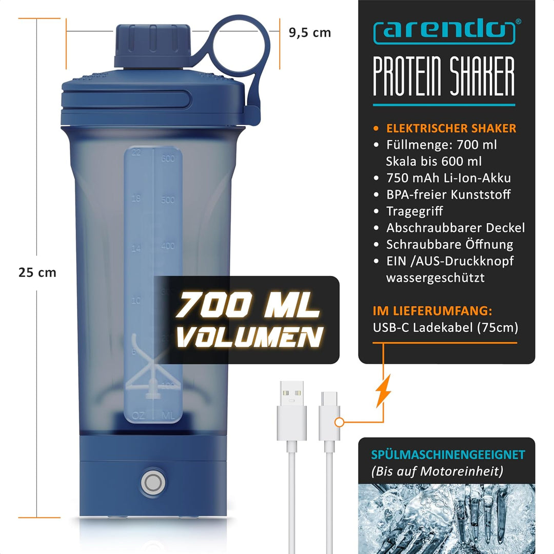 Arendo - Eiweiss Shaker elektrisch 700ml – Protein Shaker mit Akku - BPA frei – Drink Mixer to Go –