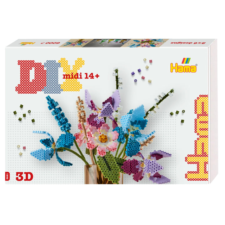 Hama Perlen 3621 Bügelperlen Blumenstrauss mit 3D Effekt, Geschenkbox mit ca. 6000 Midi-Perlen, inkl
