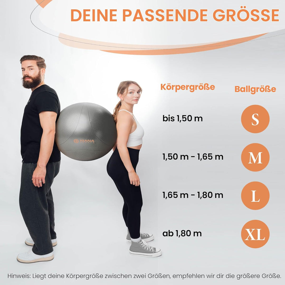KIANA SPORTS® Gymnastikball & Sitzball - 4 Grössen - Deutsche Entwicklung - Rutschfester Yoga Ball m