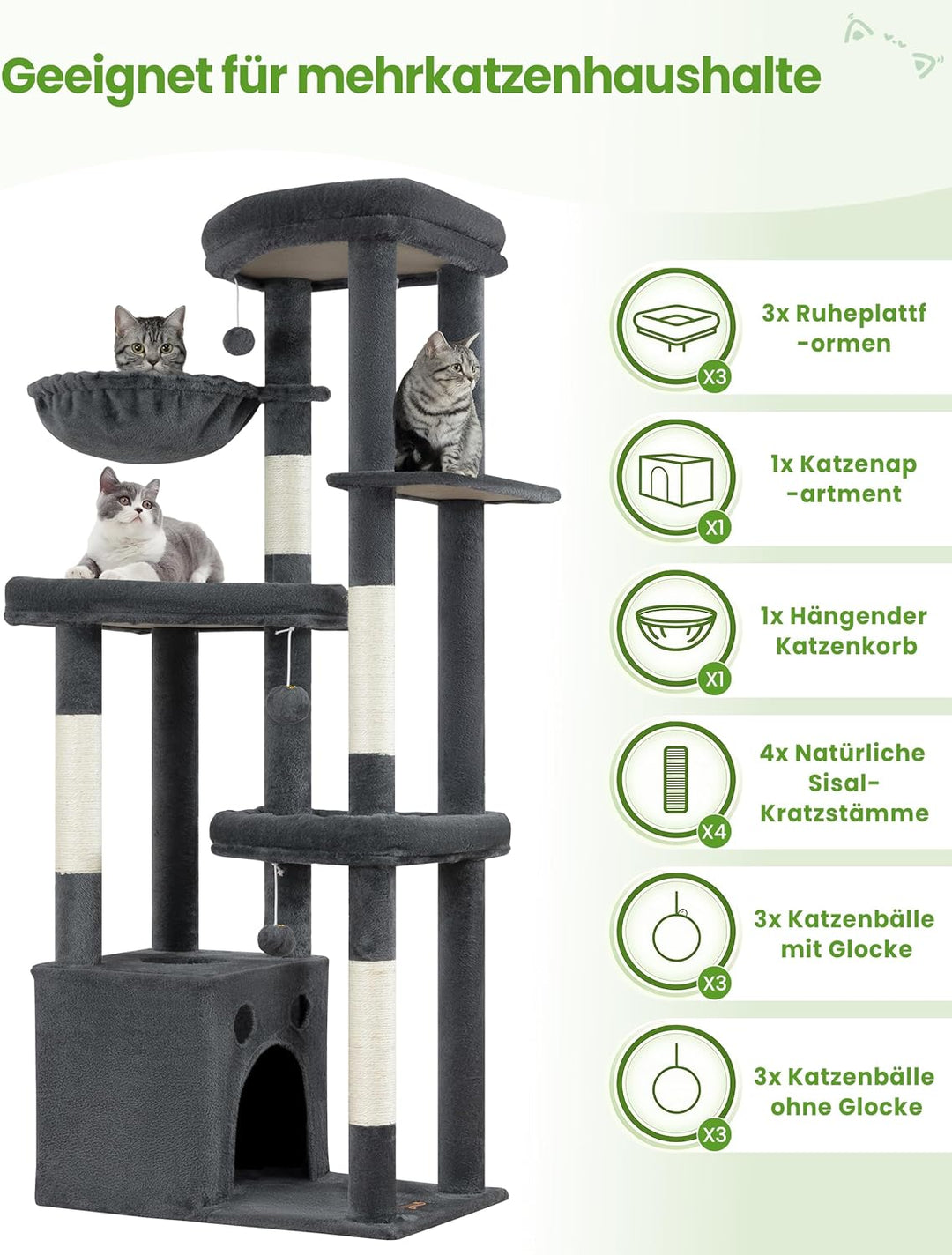 Kratzbaum Gross, Kratzbaum Grosse Katzen Stabil 170 cm hoch - Katzenbaum XL, Mehrstöckiger Katzenbau