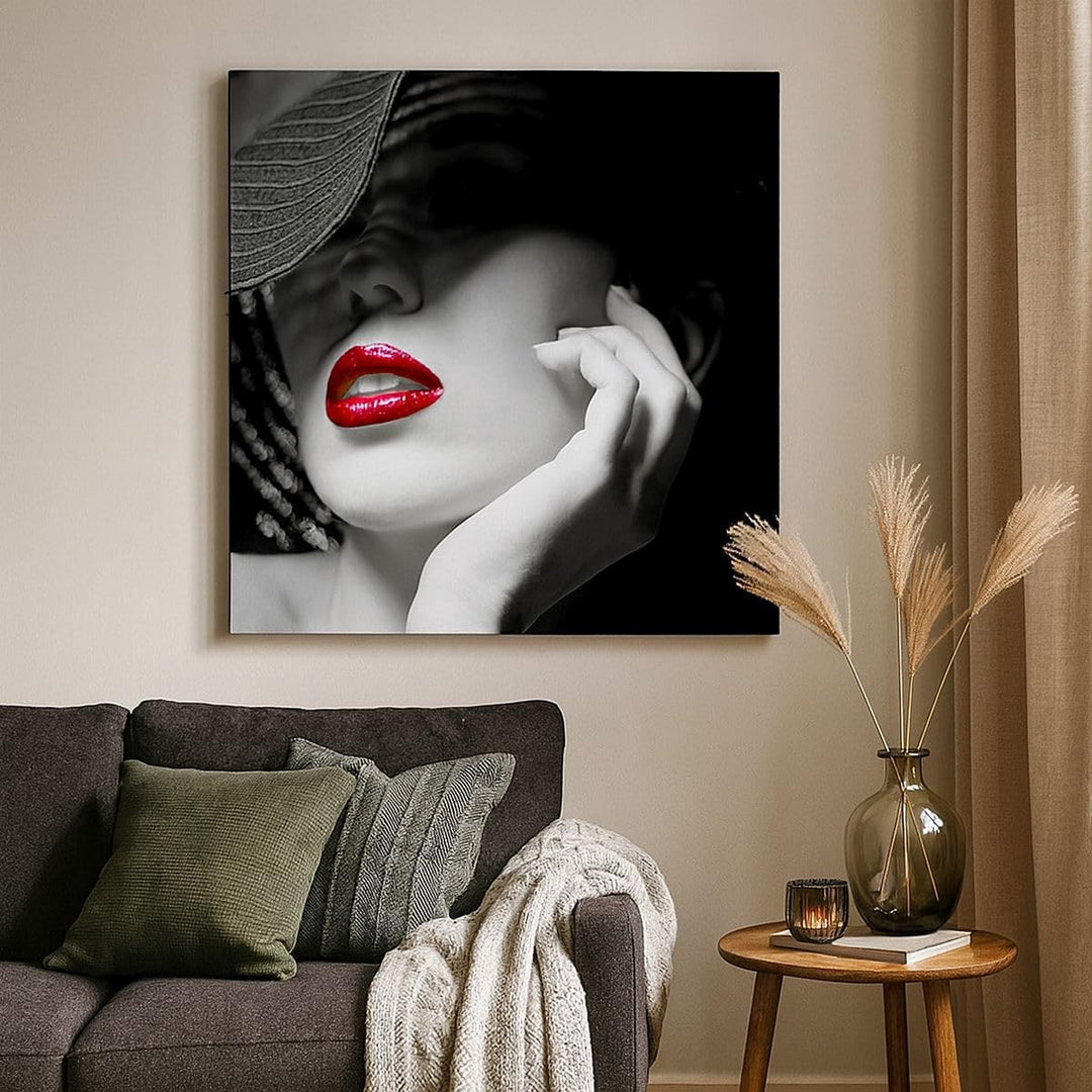 Bilder auf Leinwand 70x70cm Leinwandbild mit Rahmen Frau Gesicht Lippen Gross Wanddeko Bild Schlafzi