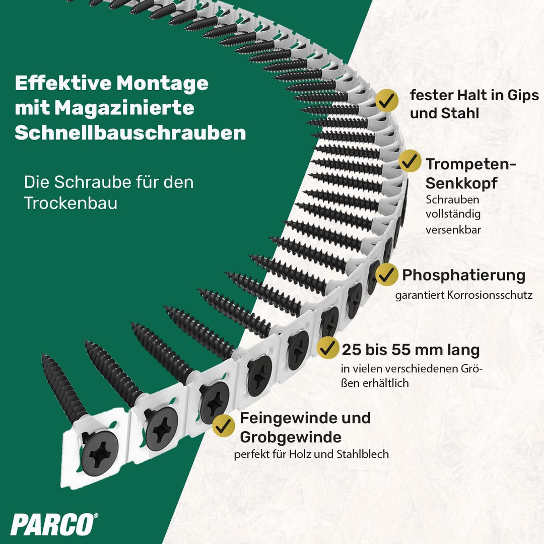 PARCO Magazinierte Schnellbauschrauben mit Grobgewinde 3,9x55 mm, 1000 Stück für Trockenbau-Schraube