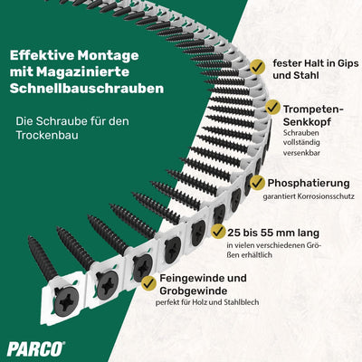 PARCO Magazinierte Schnellbauschrauben mit Feingewinde 3,9x45 mm, 1000 Stück für Trockenbau-Schraube