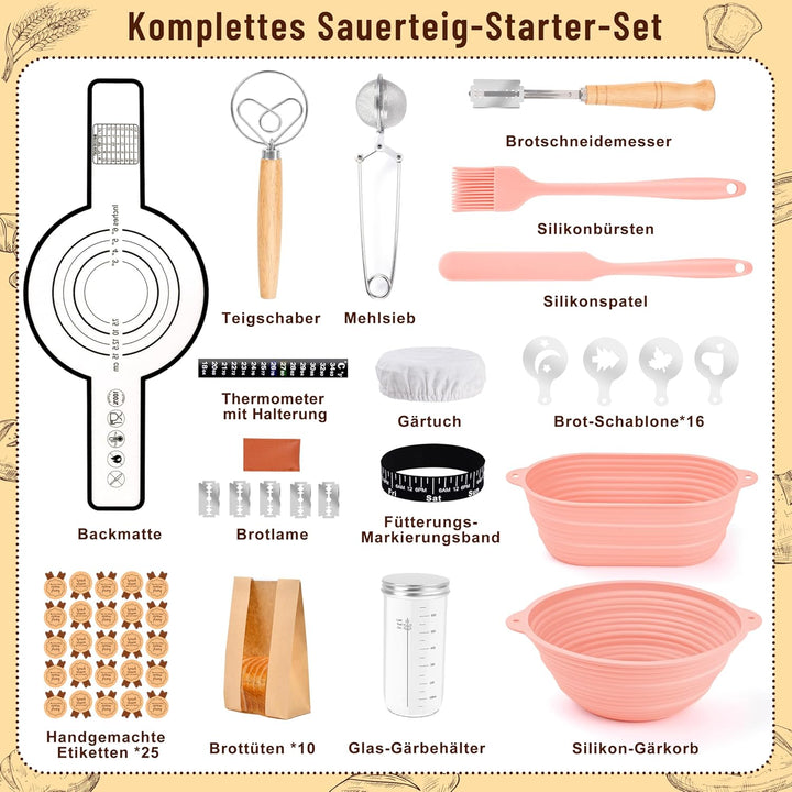 Charmofun Gärkörbchen Sauerteig Starter Set, Gärkorb Brot mit 2 Silikon Gärkorb Oval und Rund, Kompl