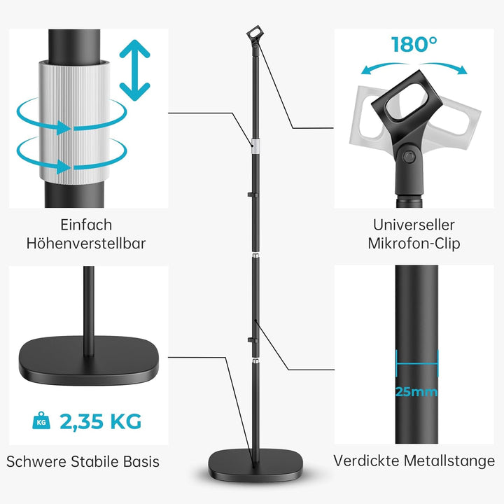 Mikrofonständer Universal, Höhenverstellbares Mikrofonständer boden mit robustem 2,35 kg Rundfuss, i