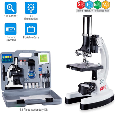 AmScope M30-ABS-KT2-W 52-TLG Kinder-Anfängermikroskop mit LED-Licht und Tragebox, 120X-1200X, 40cm x