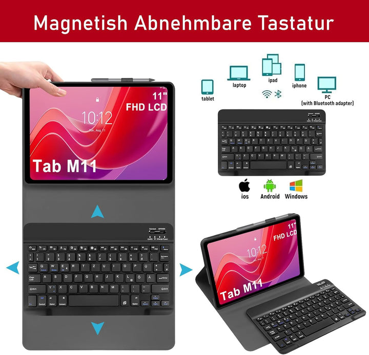 Tastatur Hülle für Lenovo Tab M11 11 Zoll 2024 (TB330FU/TB330XU), Schutzhülle mit Magnetisch Abnehmb