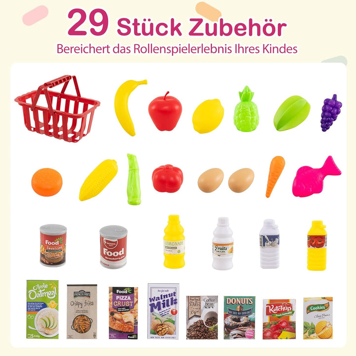 COSTWAY Kaufladen mit Einkaufswagen, Kinder Kaufmannsladen mit Waage, Regalen, Scanner mit Licht & S