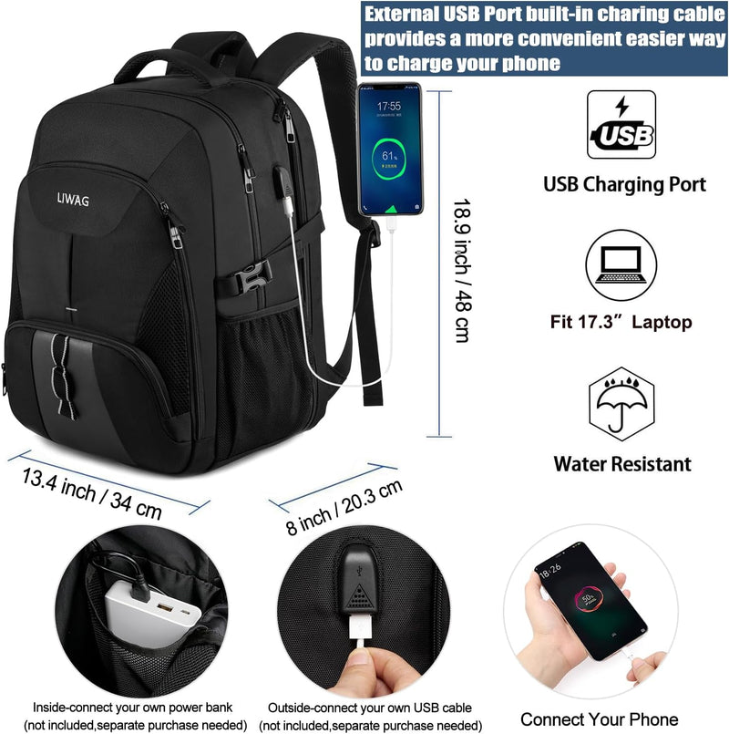 Extra Gross Rucksack Herren 50L Wasserdicht Arbeit Laptop Rucksack für 17 zoll mit USB Ladeanschluss