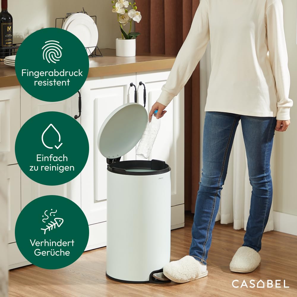 CASABEL Mülleimer Küche 30L, 100% Edelstahl, Resistent gegen Fingerabdrücke, Runder Treteimer mit Fu