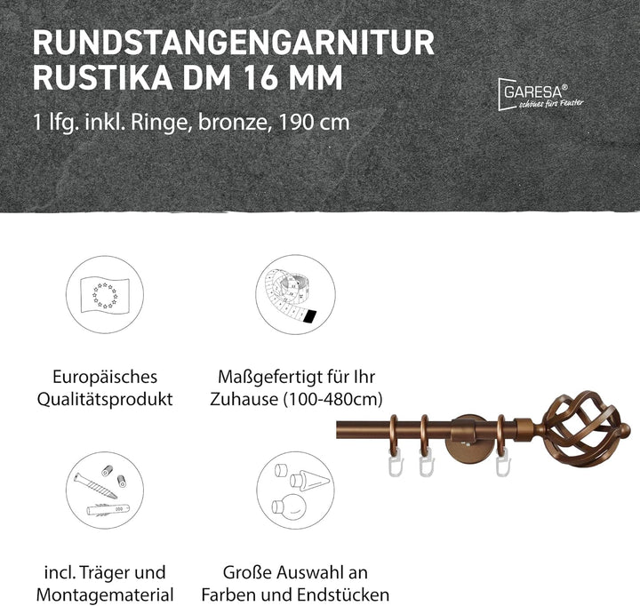 Garesa Gardinenstange Rustika Ø 16mm, 1-läufig, Bronze I Rustikale Vorhangstange aus Metall inkl. Ri
