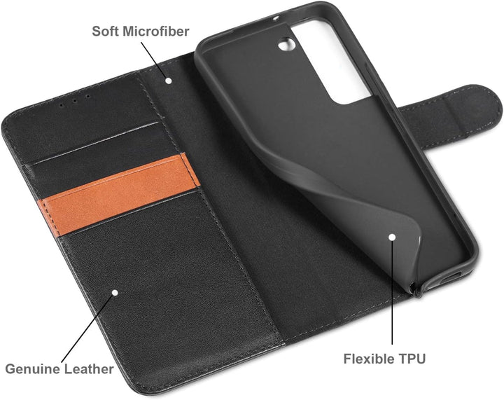 LENSUN Echtleder Hülle für Samsung Galaxy S22, Handyhülle [Echtes Leder] [Magnetverschluss] [RFID Sc