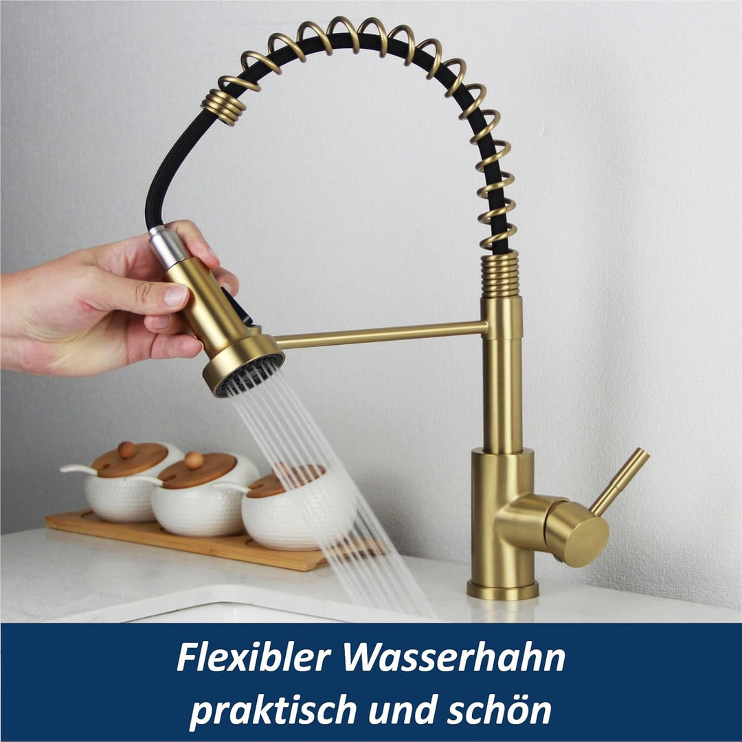 Wasserhahn Küche 2 Modi, Küchenarmatur mit Brause Ausziehbar Edelstahl 304 Spiralfederarmatur Mischb