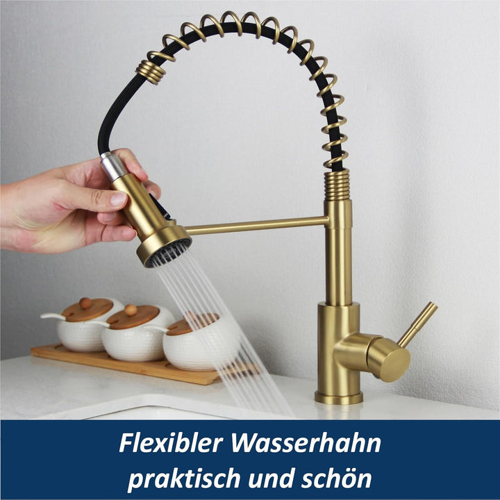 Wasserhahn Küche 2 Modi, Küchenarmatur mit Brause Ausziehbar Edelstahl 304 Spiralfederarmatur Mischb