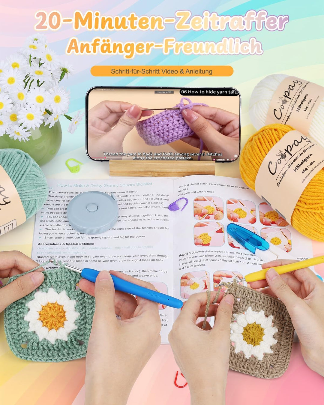 Coopay Granny Square Häkelset für Anfänger, Häkelset für Gänseblümchen Decke, Komplett Häkelset mit