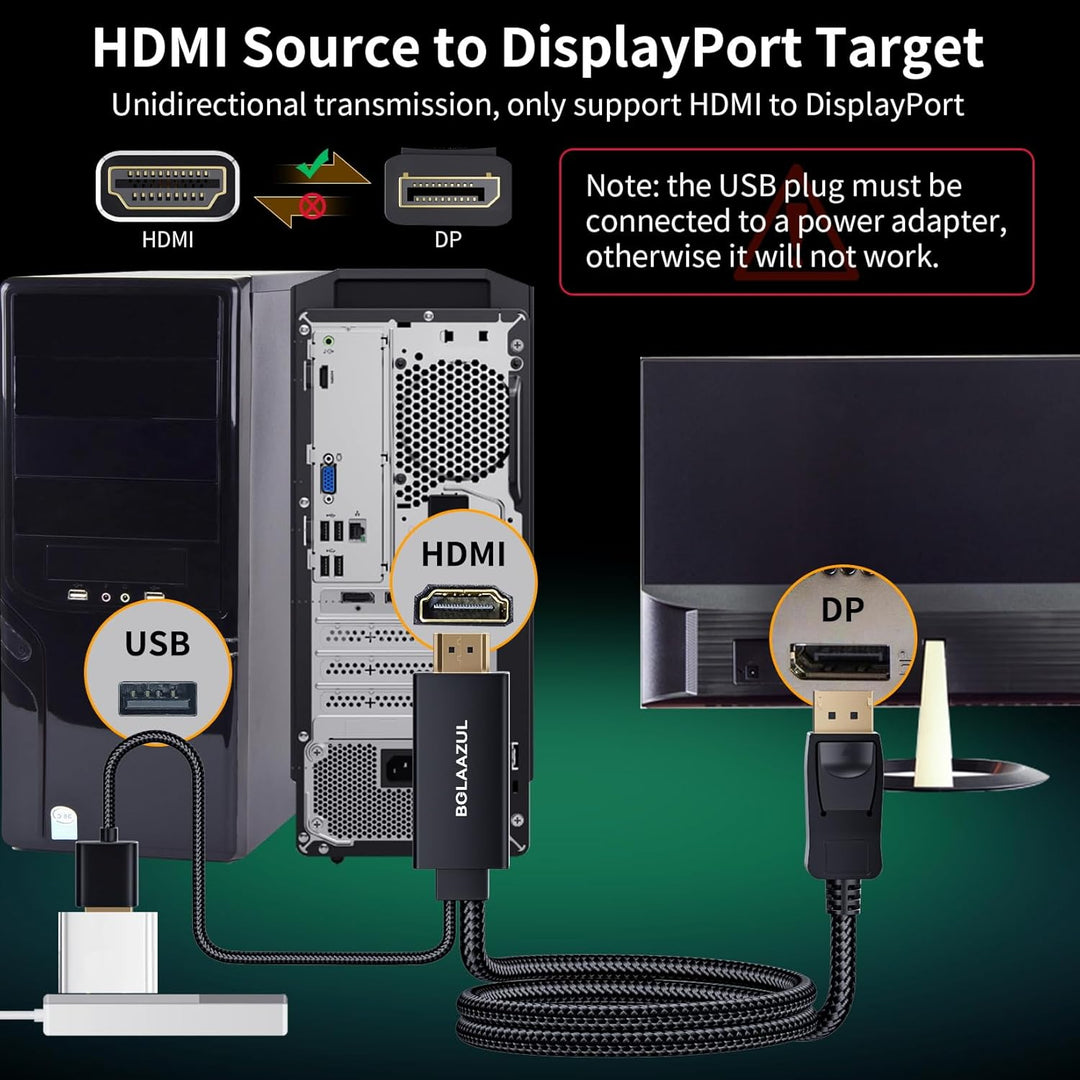 BolAAzuL HDMI auf DisplayPort-Kabel, 4K @ 60Hz, Schwarz, Unidirektional für PS5, PS4 Pro - Monitorka
