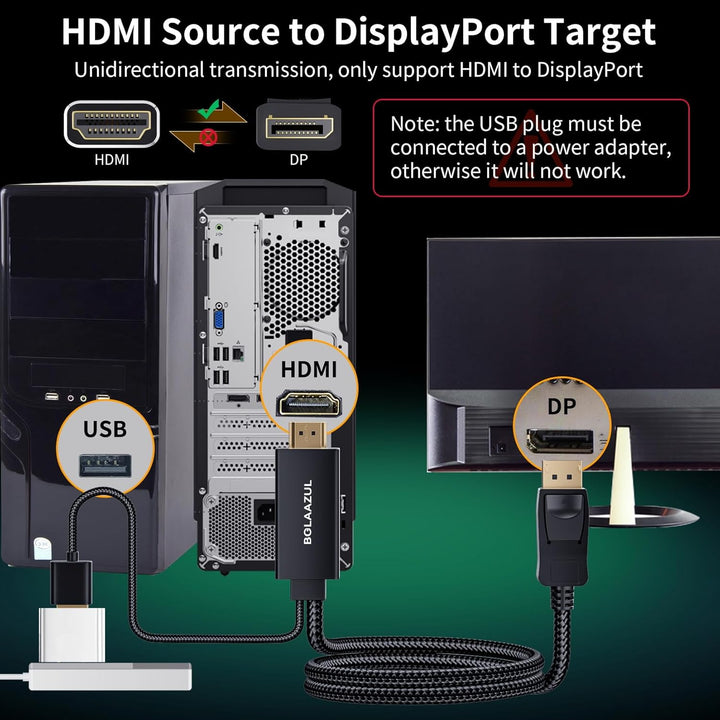 BolAAzuL HDMI auf DisplayPort-Kabel, 4K @ 60Hz, Schwarz, Unidirektional für PS5, PS4 Pro - Monitorka