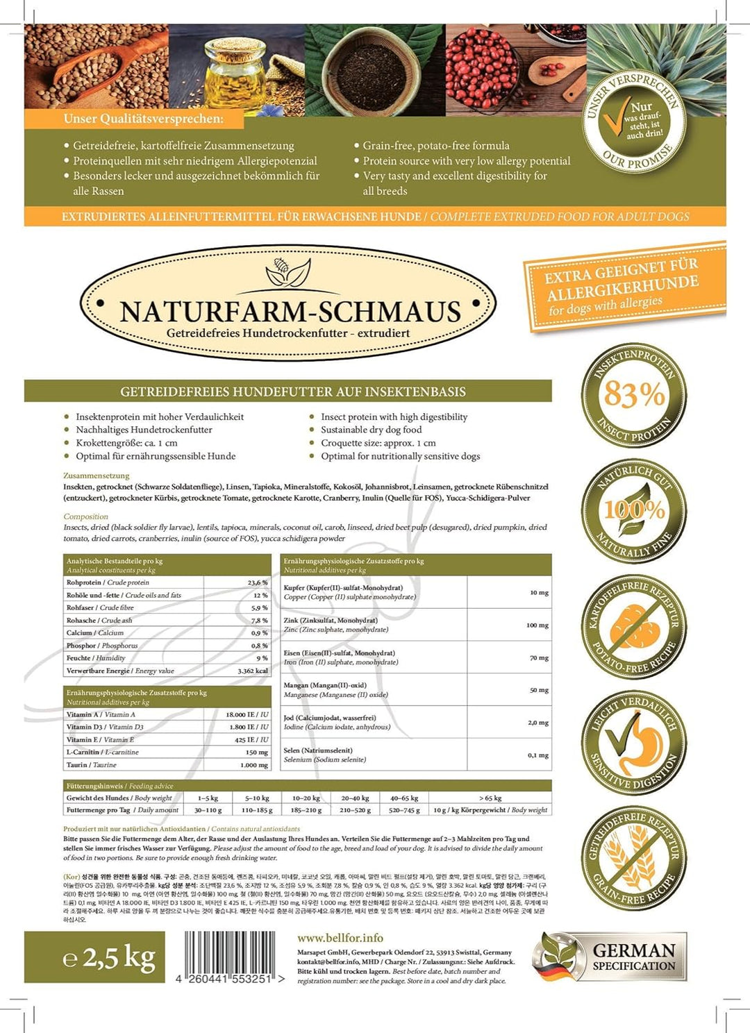 Bellfor Naturfarm-Schmaus Getreidefreies Hundetrockenfutter mit Insekten mit hoher Verdaulichkeit oh