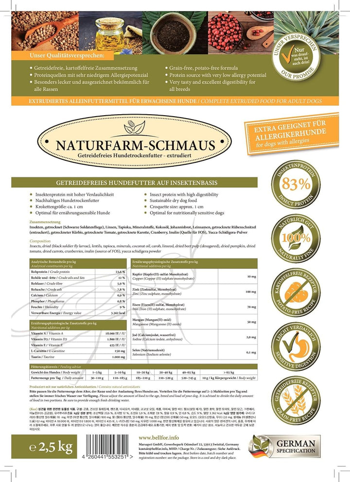 Bellfor Naturfarm-Schmaus Getreidefreies Hundetrockenfutter mit Insekten mit hoher Verdaulichkeit oh
