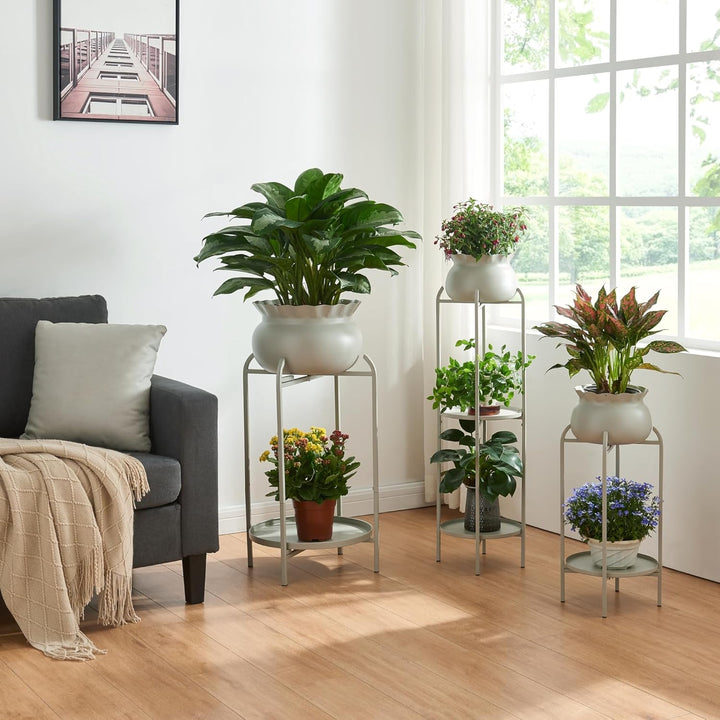 [en.casa] Blumenständer Altena Pflanzenständer mit Blumentopf und Ablage Metall Hellgrau Pflanzenreg