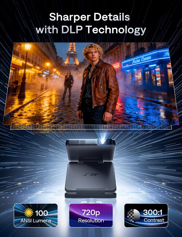 Aurzen Zip Tri-Fold Mini Beamer mit Akku, 4K Unterstützt Smart Beamer Klein Tragbarer Projektor Outd
