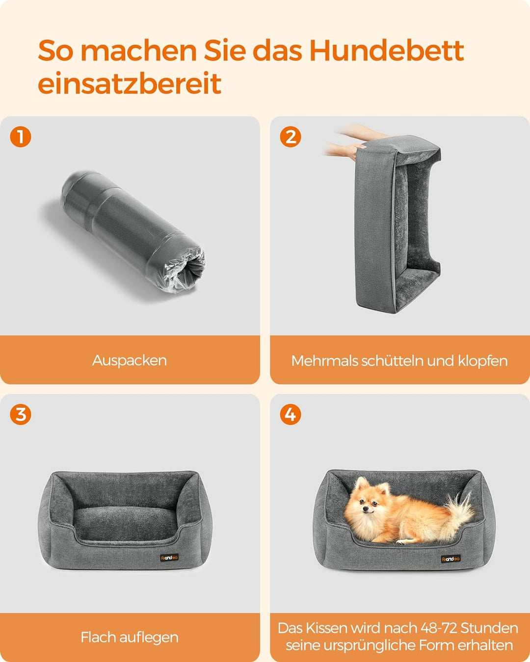 Feandrea Hundebett, Hundekissen in Leinenoptik, Hundekorb, erhöhte Ränder, rutschfeste Unterseite, B