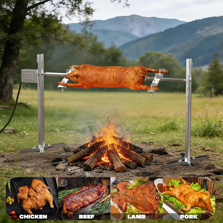 Spanferkelgrill mit Motor 60kg Belastbarkeit, Elektrischer Grillspiess Edelstahl mit 5-Stufig Höhenv