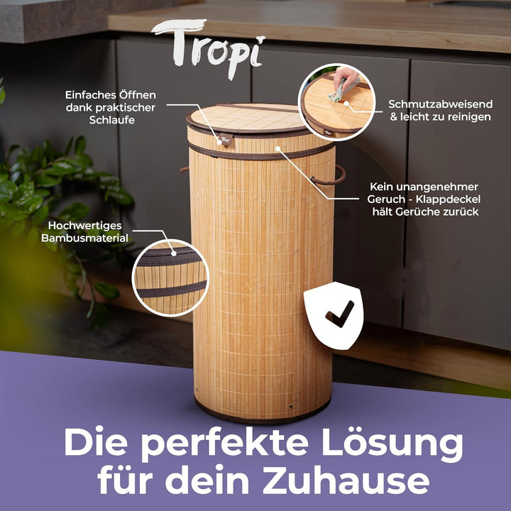 Tropi® Bambus Müllsackständer für Gelbe Säcke – 80L Gelber Sack Ständer mit Deckel & Sichtschutz – E