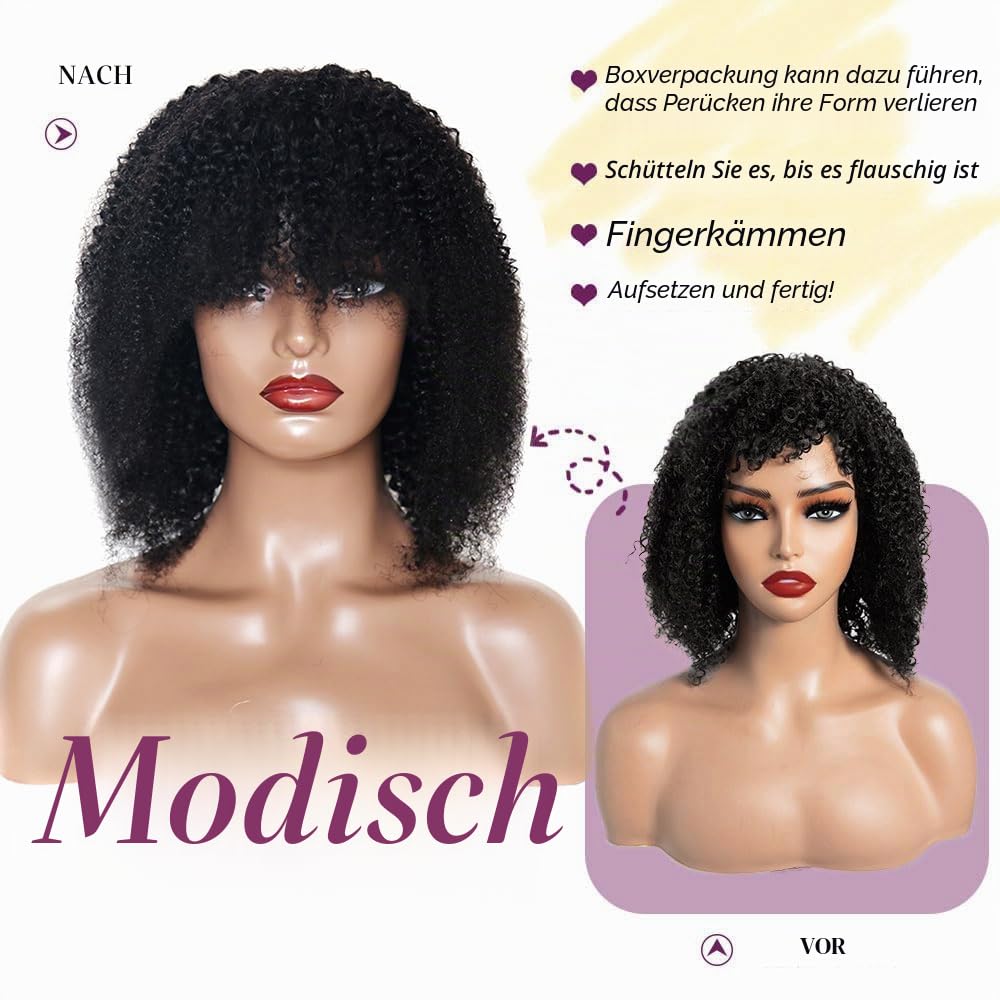 Wig Human Hair With Bang For Black Women Afro Kinky Curly None Lace Glueless Short Curly Human Hair