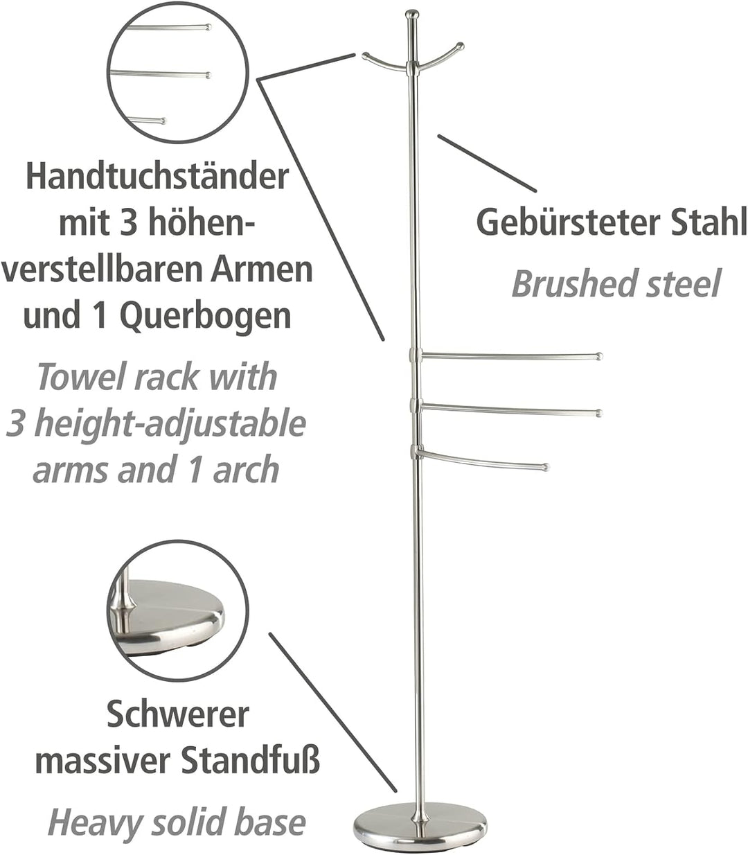WENKO Handtuchständer Adiamo mit 3 Armen - Garderobenständer, höhenverstellbare Arme, 2 Aufhängehake