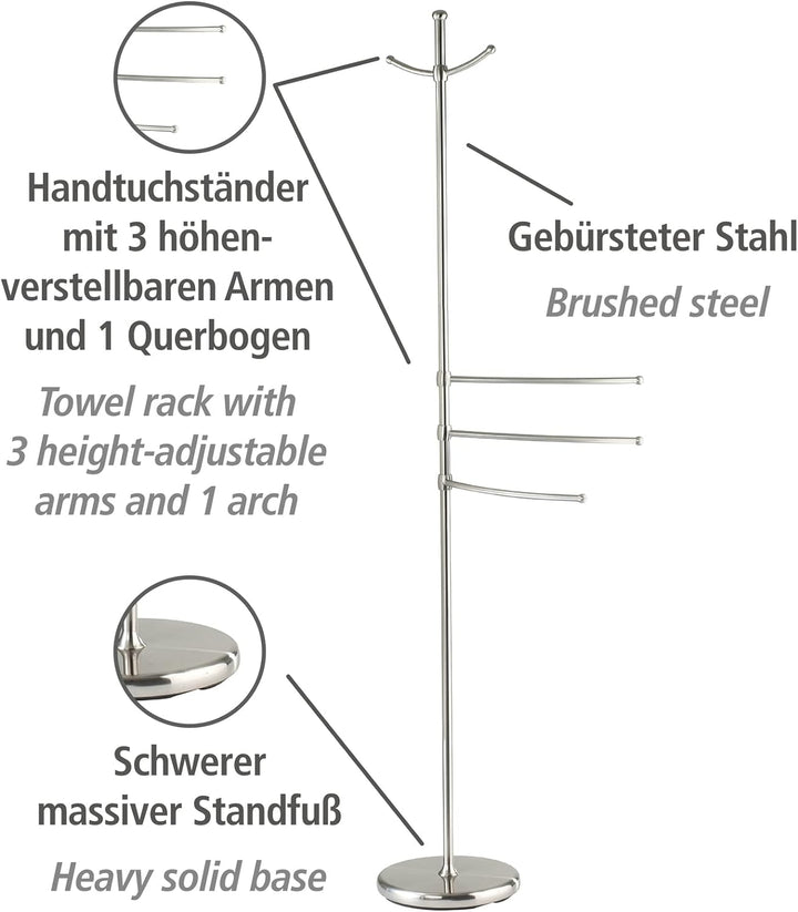 WENKO Handtuchständer Adiamo mit 3 Armen - Garderobenständer, höhenverstellbare Arme, 2 Aufhängehake