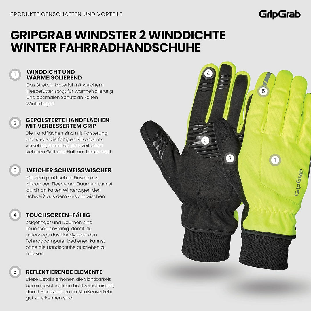 GripGrab Windster 2 Winddichte Winter Fahrradhandschuhe Gepolstert Gefüttert Thermo Touchscreen Rads